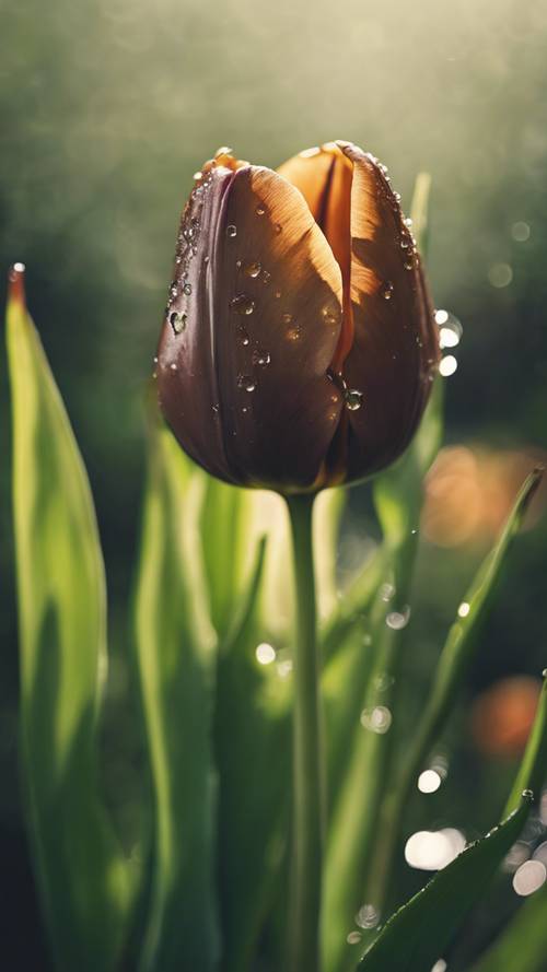 Pojedynczy brązowy tulipan ozdobiony porannymi kroplami rosy w bujnym zielonym ogrodzie.