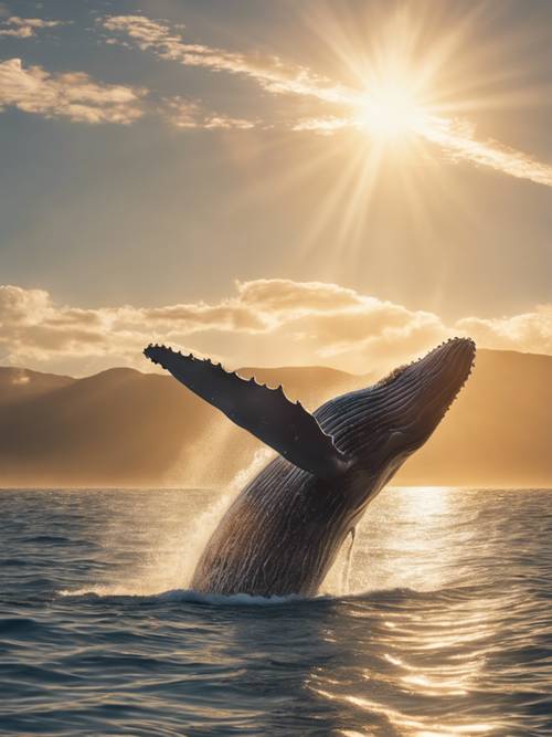 A majestic blue whale breaching the ocean surface under a bright golden sun