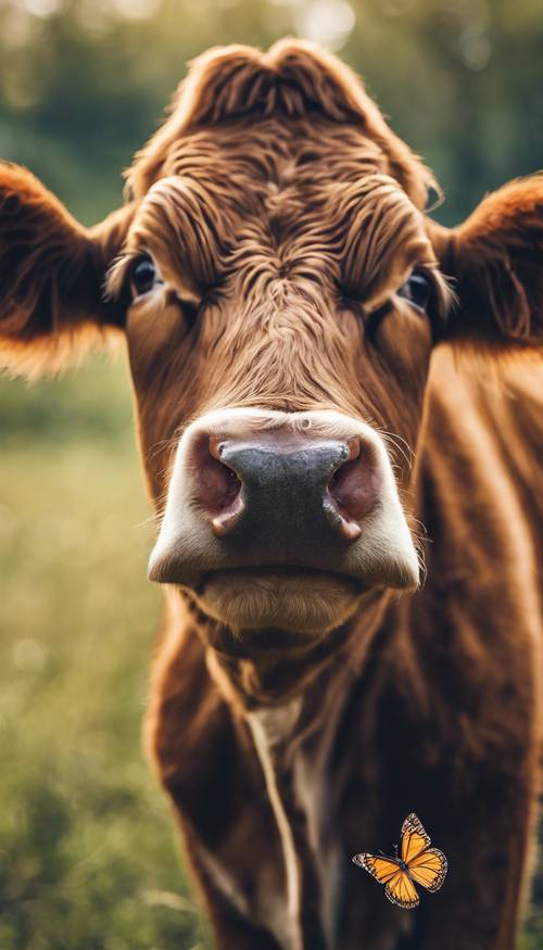 Uma vaca marrom olhando para a câmera com uma borboleta esvoaçante no nariz.