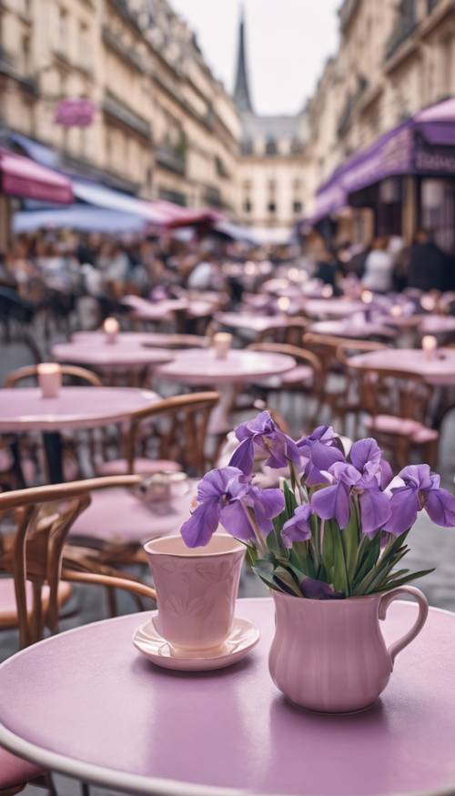 Café parisiense, com mesas em rosa pastel e íris roxas florescendo em vasos de porcelana.