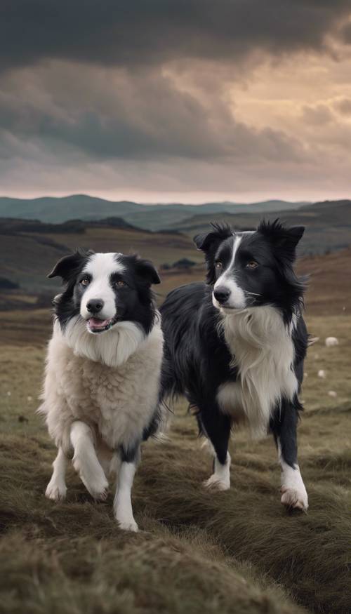 Border collie blanco y negro pastoreando ovejas con el telón de fondo de un cielo crepuscular en las Tierras Altas de Escocia.