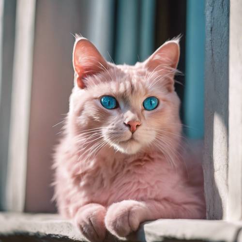 一隻粉紅色的金屬貓，有著明亮的藍色眼睛，坐在窗台上。