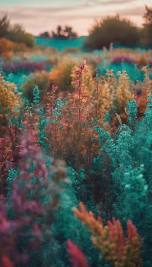 A surreal field filled with plants that radiant a spectrum of colors under a teal colored sky. Tapéta [9013a001e969415d85c3]