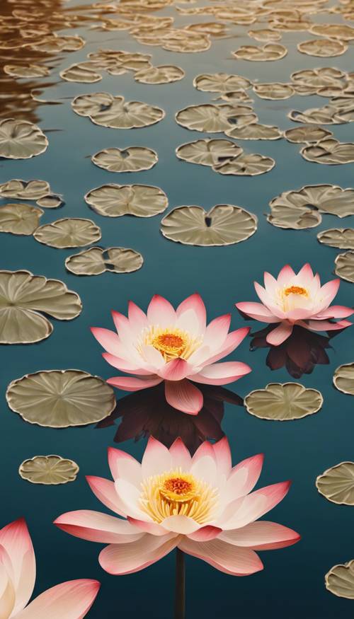 An Indian pattern featuring symmetric lotus flowers in a pond with golden leaves.