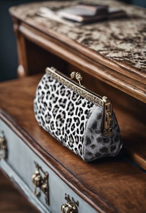 一款复古灰色猎豹印花钱包，放置在维多利亚风格的橡木梳妆台上。