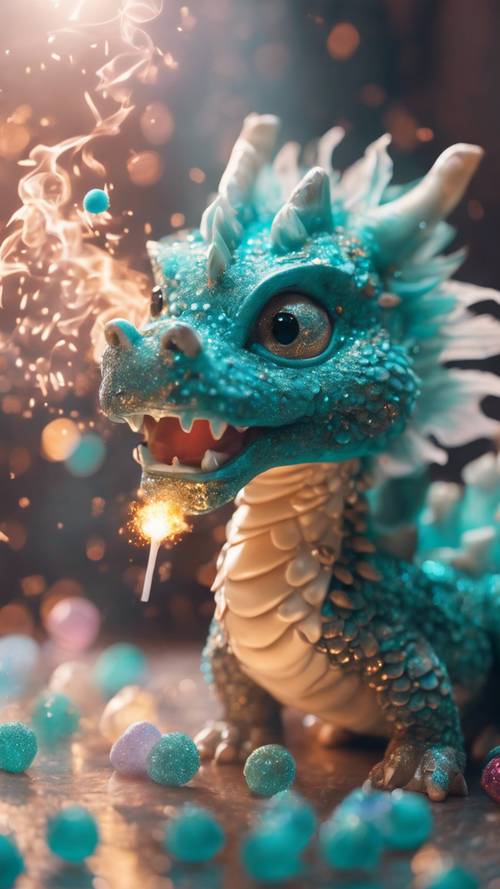 Картина с милым бирюзовым кавайным драконом, выпускающим клубы огня пастельных тонов, действие которой происходит в фантастическом мире, наполненном блеском и блеском.