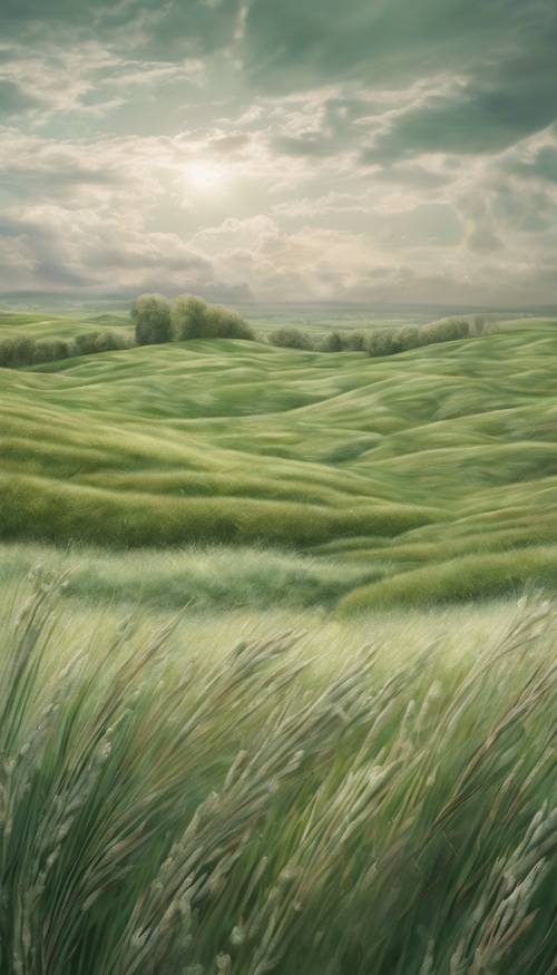 Szczegółowy obraz przedstawiający toczące się pole z trawą o fakturze szałwiowej zieleni pod pochmurnym niebem.