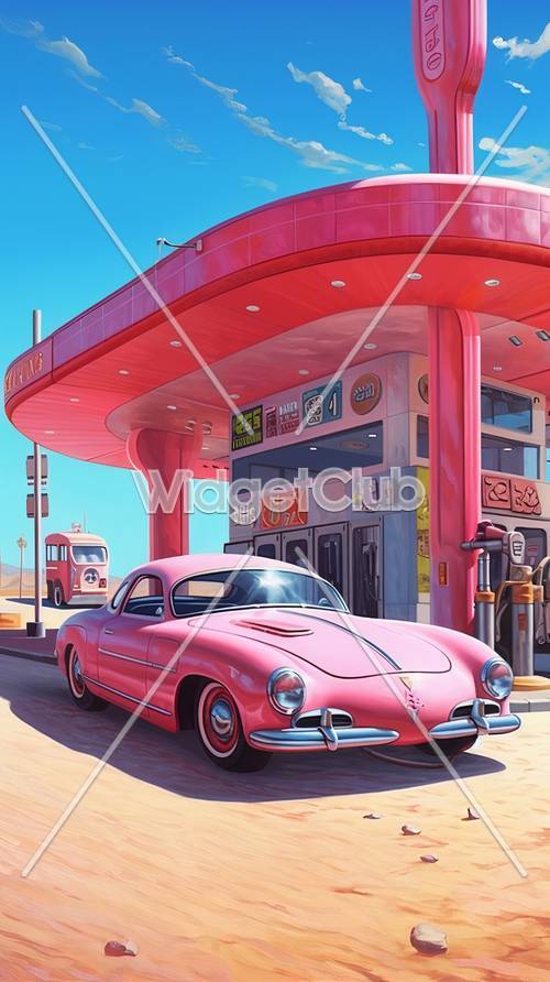 Kolorowa scena retro stacji benzynowej