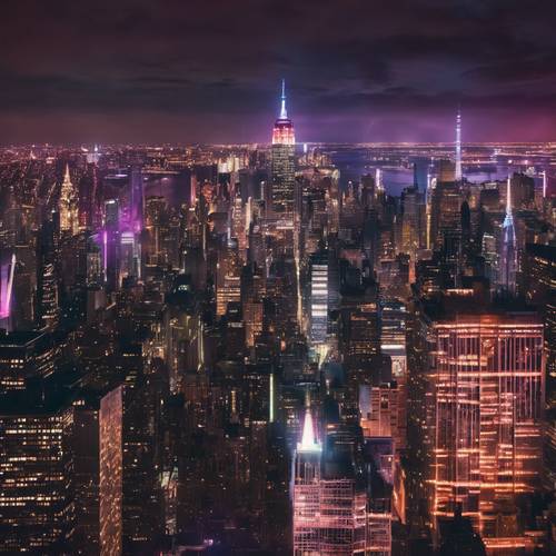 Uma paisagem urbana vibrante da cidade de Nova York com luzes de neon refletindo no rio à noite