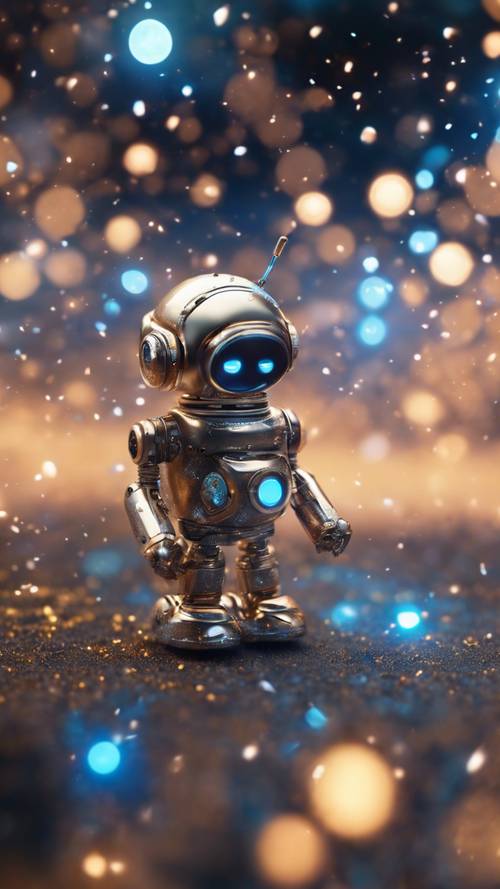 Satu skuadron kecil robot mini meluncur melintasi ruang angkasa, tubuh logamnya berkilauan dengan latar belakang gugus bintang yang mempesona.