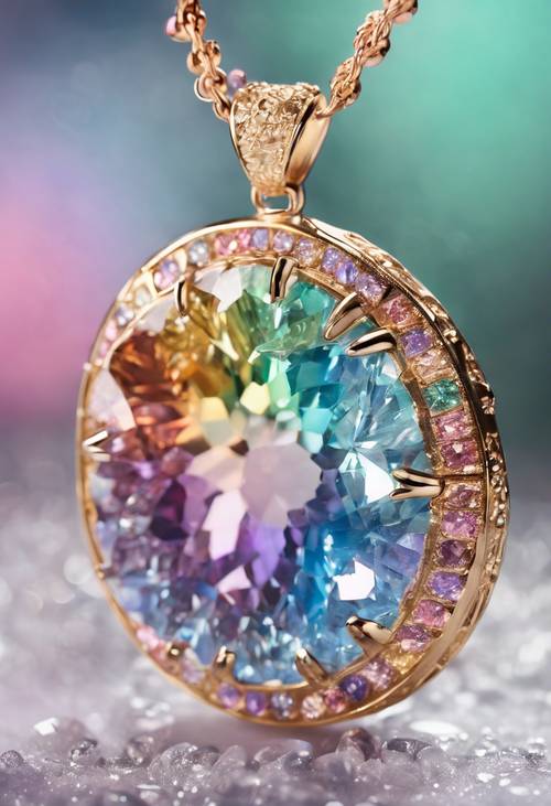 Um colar de obra-prima feito com cristais pastel nas cores do arco-íris