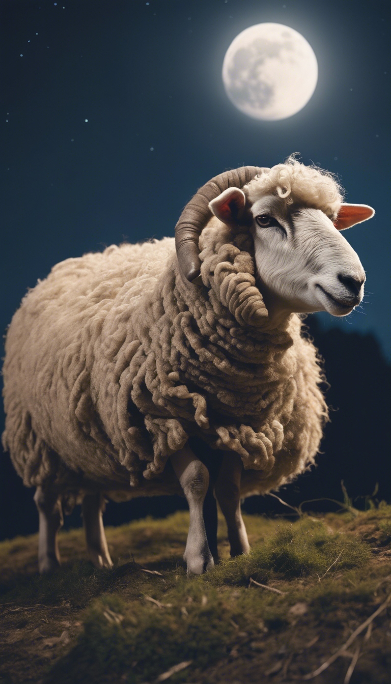 An old, wise-looking sheep with thick, woolly fleece sitting alone on a hilltop under a moonlit night. Tapetai[6f3609f1a26f40cb8bd2]