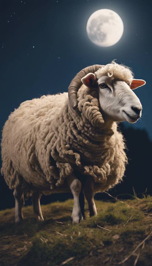 Stara, mądrze wyglądająca owca o grubym, wełnianym runie, siedząca samotnie na szczycie wzgórza w księżycową noc.