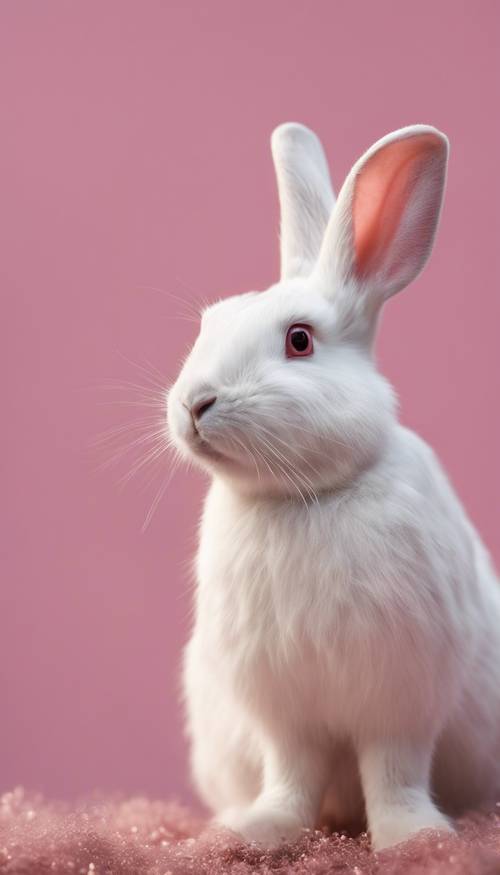 Weißes Kaninchen mit rosa Nase und zuckenden Schnurrhaaren vor einem zartrosa Hintergrund.