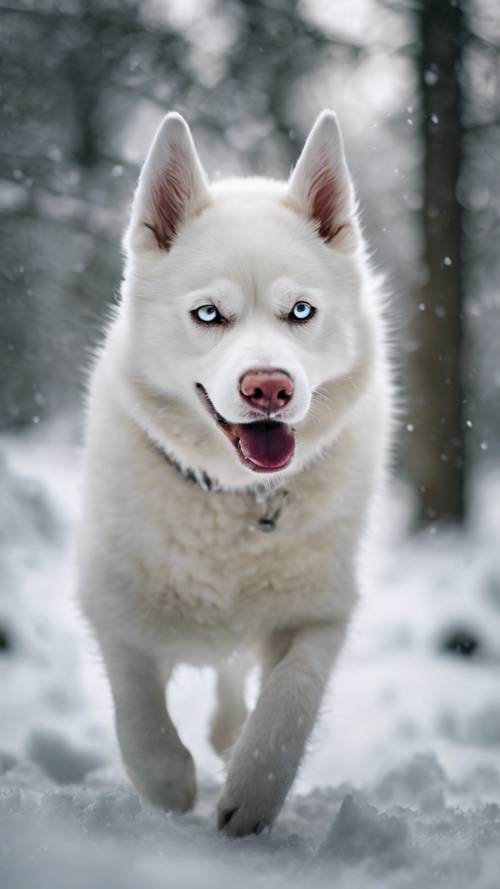 Um corajoso husky siberiano branco brincando em uma floresta coberta de neve.