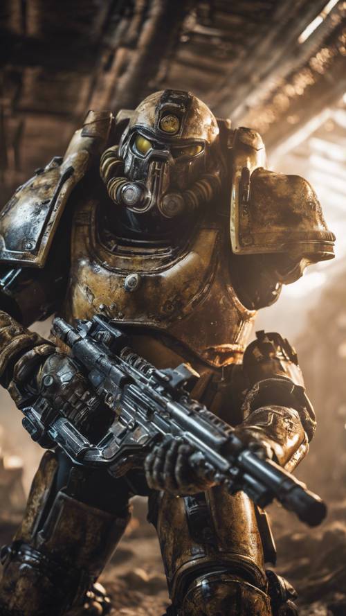 An action-packed scene of a space marine in power armor, blasting alien monsters with a plasma rifle in a derelict spaceship.