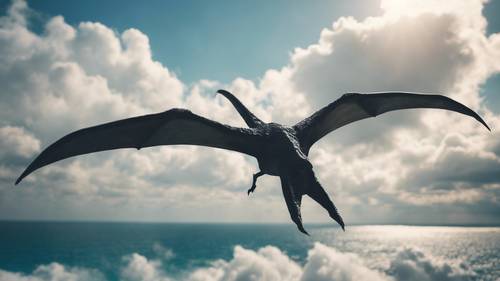 A still image of a Pterodactyl soaring high, trying to touch the cottony clouds, with endless blue ocean below. Wallpaper [9b0c14341aa244d2bb19]