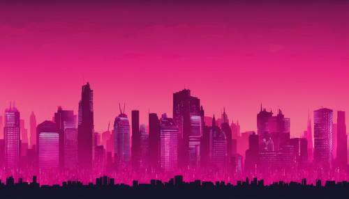 现代城市天际线轮廓与热粉色日落图案相映成趣。