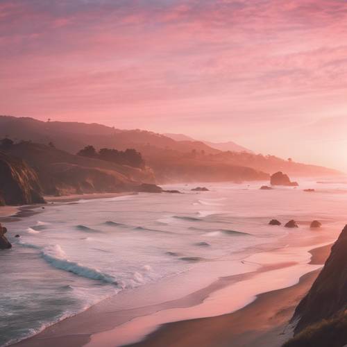 Marzycielski różowy zachód słońca nad wybrzeżem Kalifornii”.