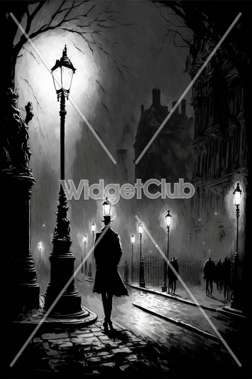 Mysterious Night Scene with Man Walking Under Street Lights
