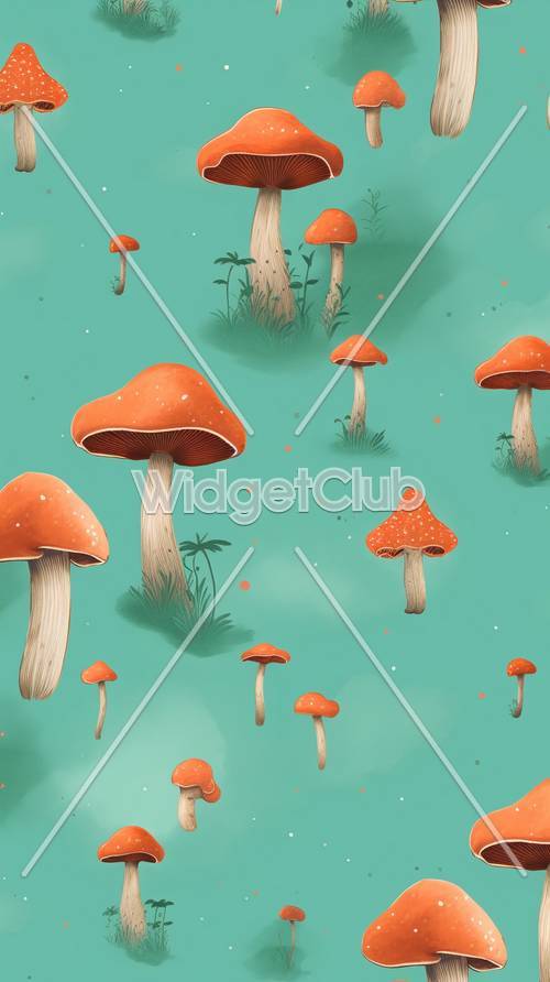 Bright Orange Mushrooms on a Green Field