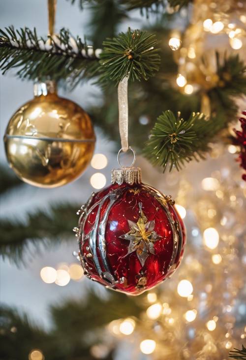 Antichi ornamenti natalizi in vetro degli anni &#39;30, in tonalità regali di oro, rosso e argento, appesi delicatamente a un albero di Natale vecchio stile.