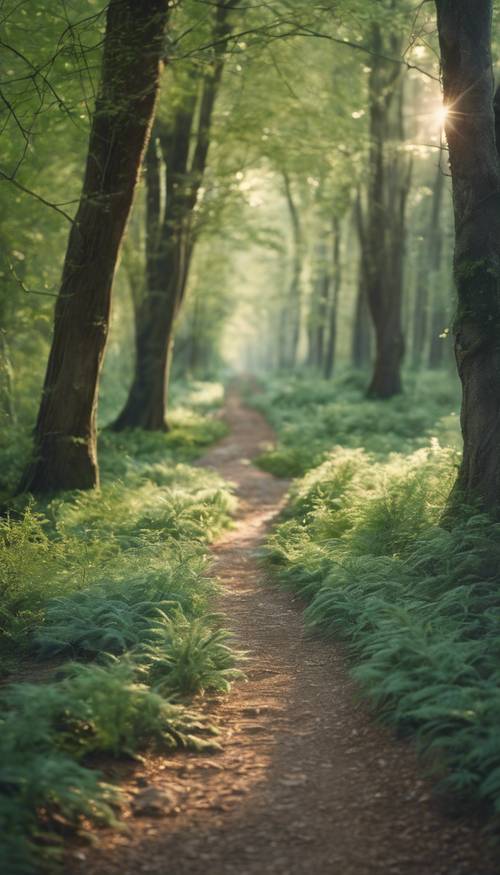 Aura verde salvia che illumina un antico e mistico sentiero nel bosco.