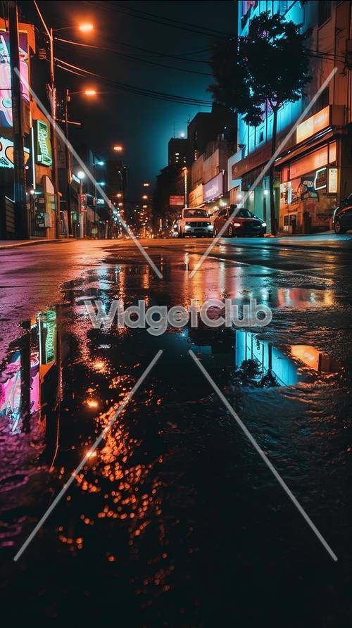 Deszczowa noc w mieście z kolorowymi refleksjami