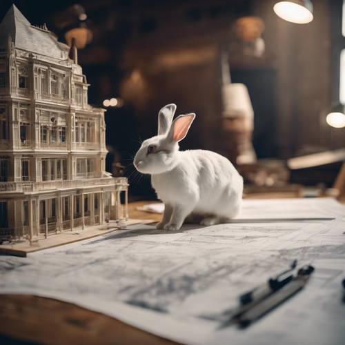 Архитектор-кролик рассматривает чертежи строящегося впечатляющего здания.