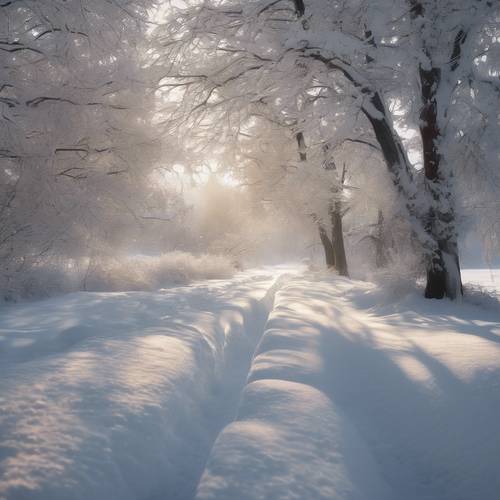 二月大雪覆盖，轻柔地遮掩了雪花的声响，使严酷的冬日景色更加美丽。