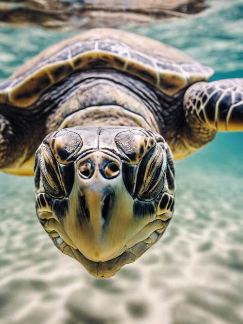 A sea turtle causing ripple in serene seawater, with its head poking out.