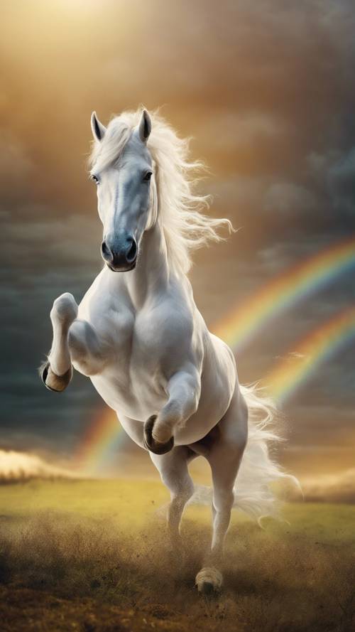 Altın boynuzlu beyaz bir tek boynuzlu at, gökkuşağının arka planında dörtnala koşuyor.