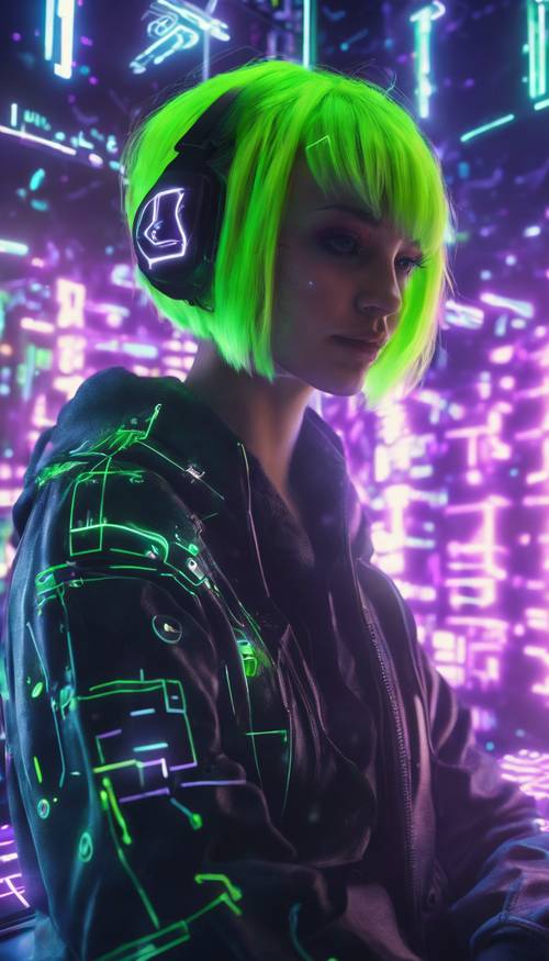 Seorang peretas wanita yang tegang dengan rambut hijau neon bekerja pada antarmuka dunia maya yang diterangi penuh dengan hologram mengambang.