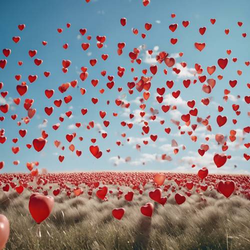 Ein Feld voller herzförmiger Luftballons vor einem klaren blauen Himmel.