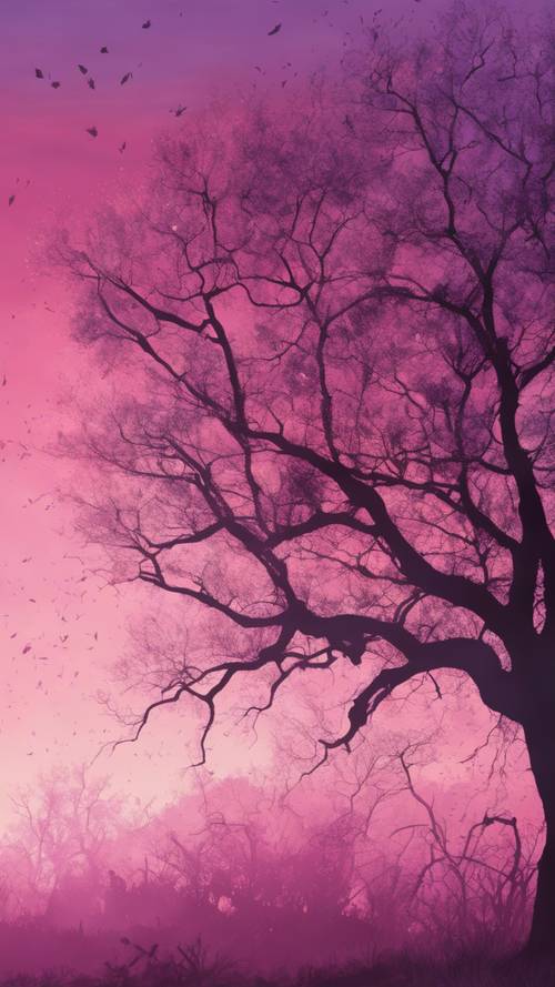 Piękny, mglisty zachód słońca malujący niebo w odcieniach delikatnego fioletu i różu, z ciemnymi sylwetkami gałęzi drzew na pierwszym planie.