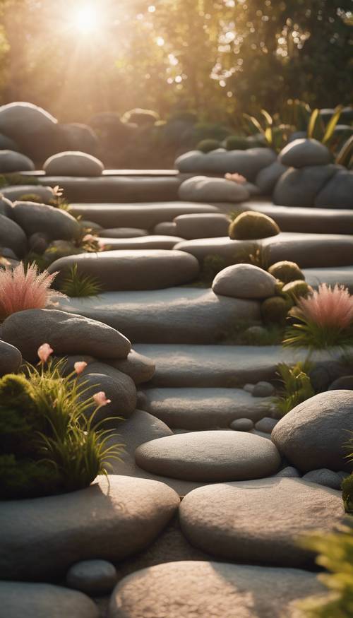 A tranquil sunrise bathing a Japanese zen garden in a soft light.