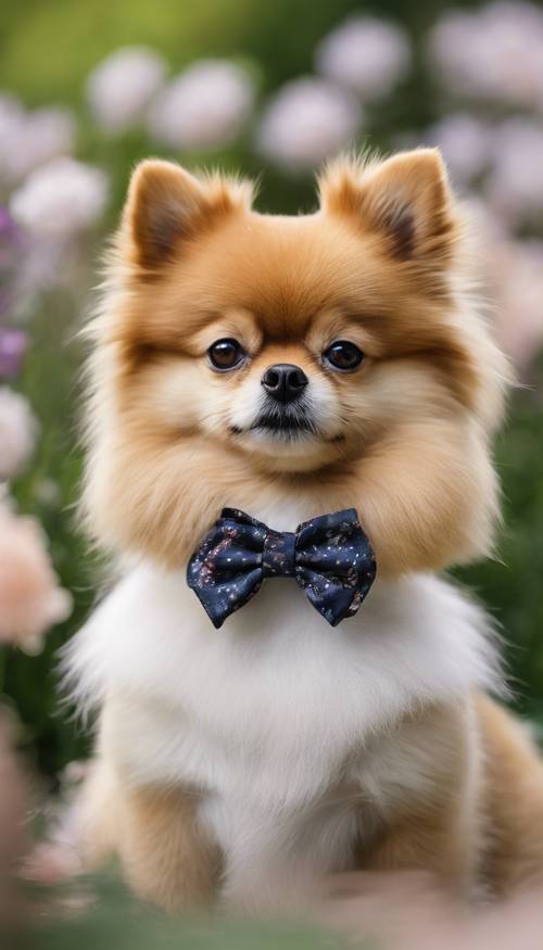 A Pomeranian wearing a small bow tie sitting patiently in a thriving English garden. Tapet [a667333a05224000a48a]