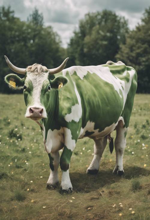 Una imagen de una caprichosa vaca verde salvia con grandes manchas blancas redondas en una escena de granja estilo libro de cuentos.