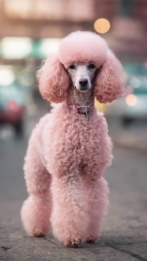 一只淡粉色的贵宾犬摇着尾巴。
