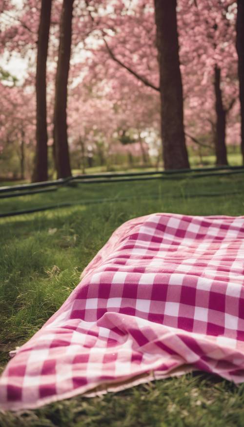 Um cobertor xadrez rosa estendido para um piquenique em um parque verdejante.