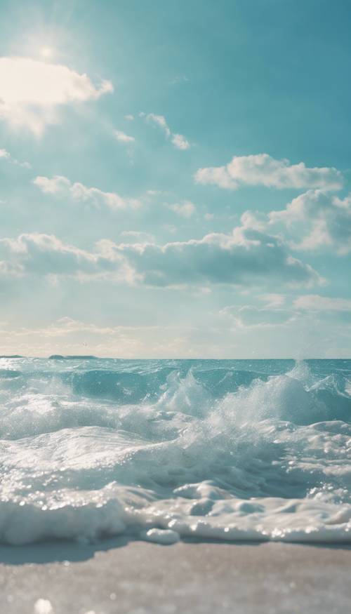 Mặt biển rực rỡ dưới ánh mặt trời, tỏa ra một màu xanh nhạt.