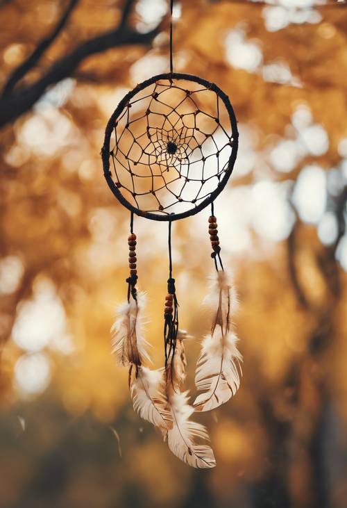 Surreal image of a dream catcher swaying in the autumn wind, set against a backdrop of fall foliage.