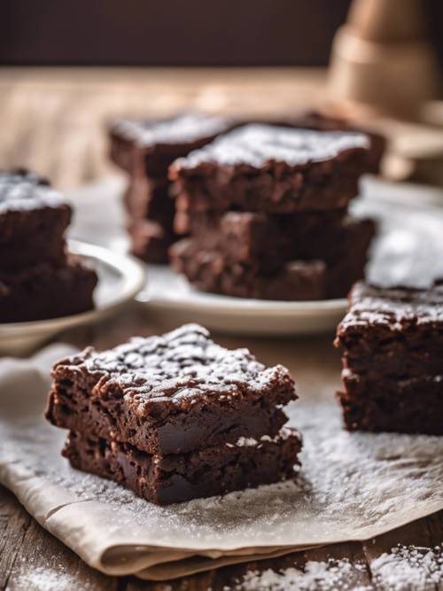 Dark chocolate brownies dusted with powdered sugar on an antique wooden table, with a touch of warm sunlight.