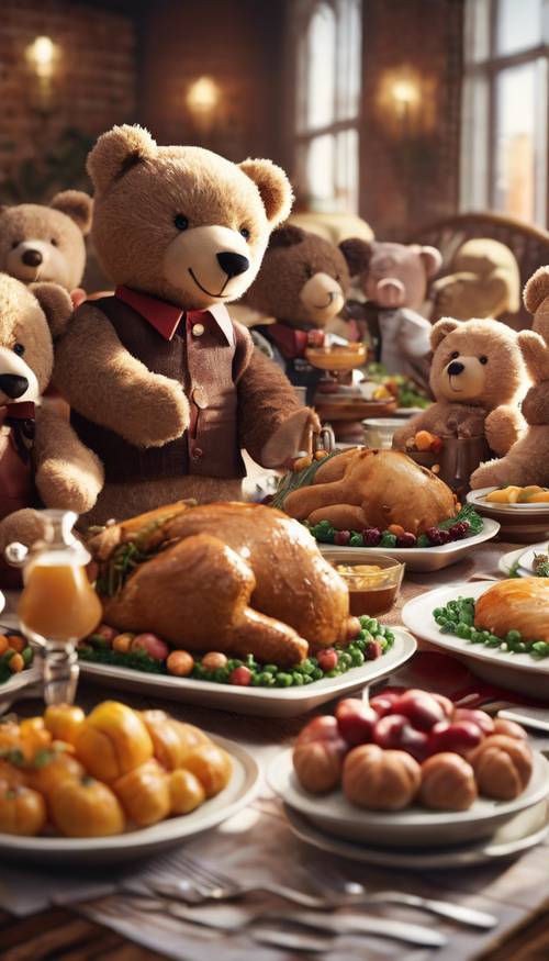 An illustration of plush teddy bears hosting a grand Thanksgiving dinner.