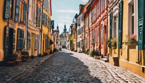 Perspective view of a cobblestone street lined with colorful colonial-style buildings in a historic European city. Tapet [bb86bafea836458eb8c2]