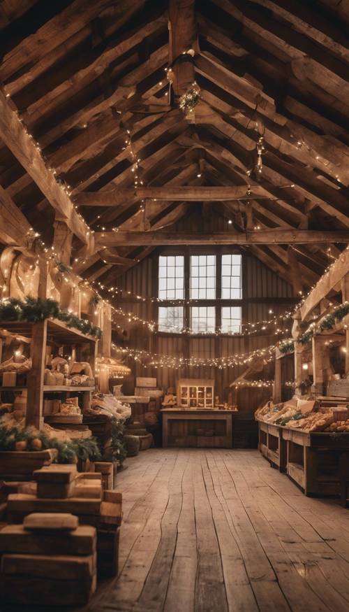 An interior shot of a rustic brown barn transformed into a Christmas market.