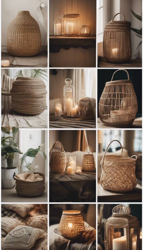 Ảnh ghép có các yếu tố trang trí theo phong cách boho-chic như gối ném, đèn lồng và giỏ đan.