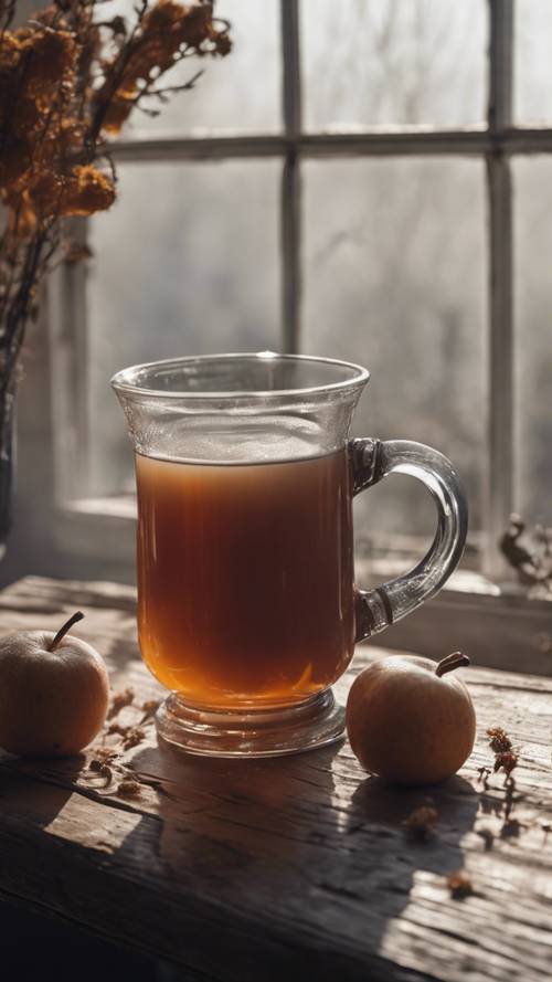 A steaming mug of hot cider sitting next to a window, overlooking a foggy graveyard.