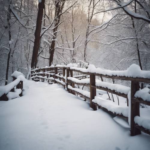 Un vecchio ponte rustico ricoperto di neve profonda, che conduce a un bosco invernale appartato.