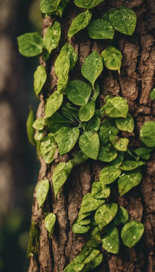 A detail-focused view of green leaves on brown tree bark.